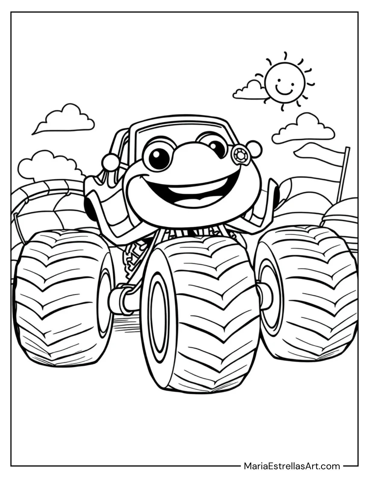 Monster Truck Race Car with Big Wheels to Color