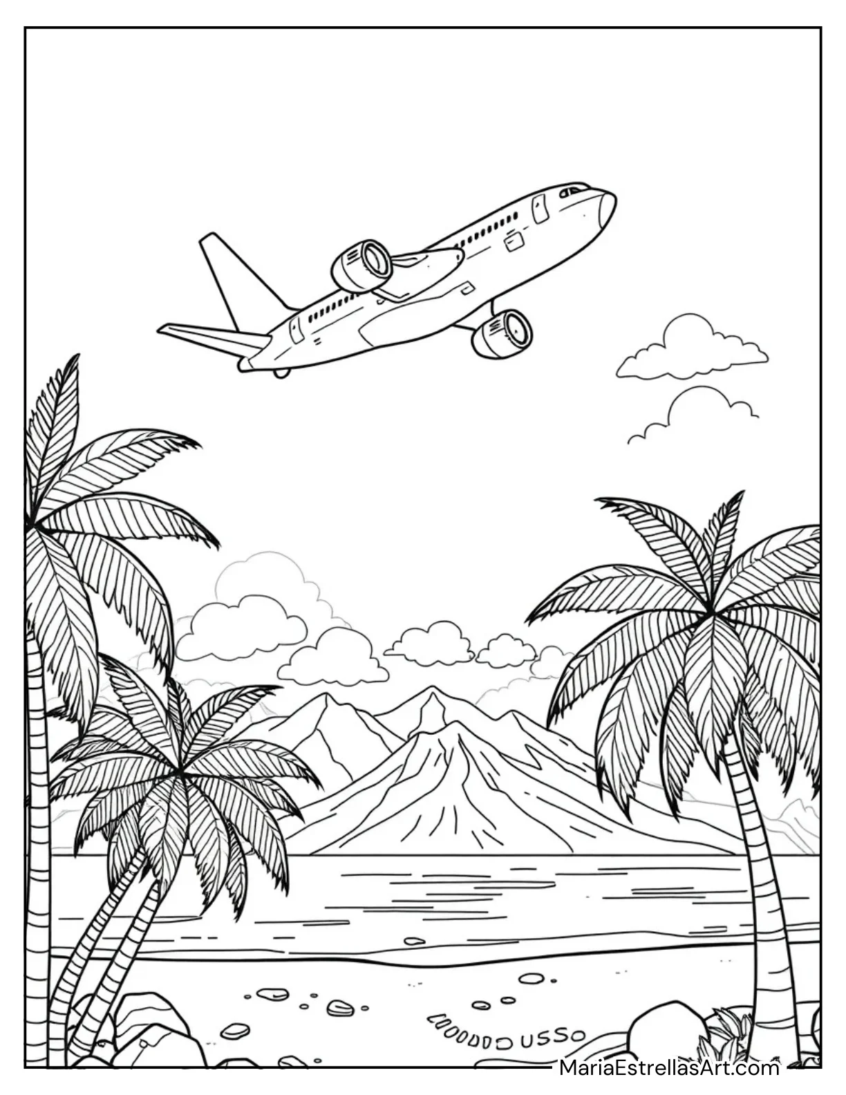 Passenger Plane Flying Over a Tropical Island