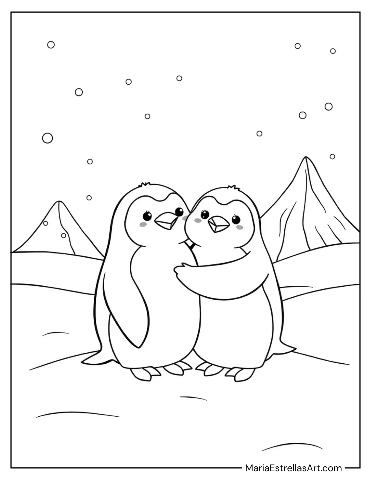 Penguins Hugging in a Snowy Scene Coloring Page