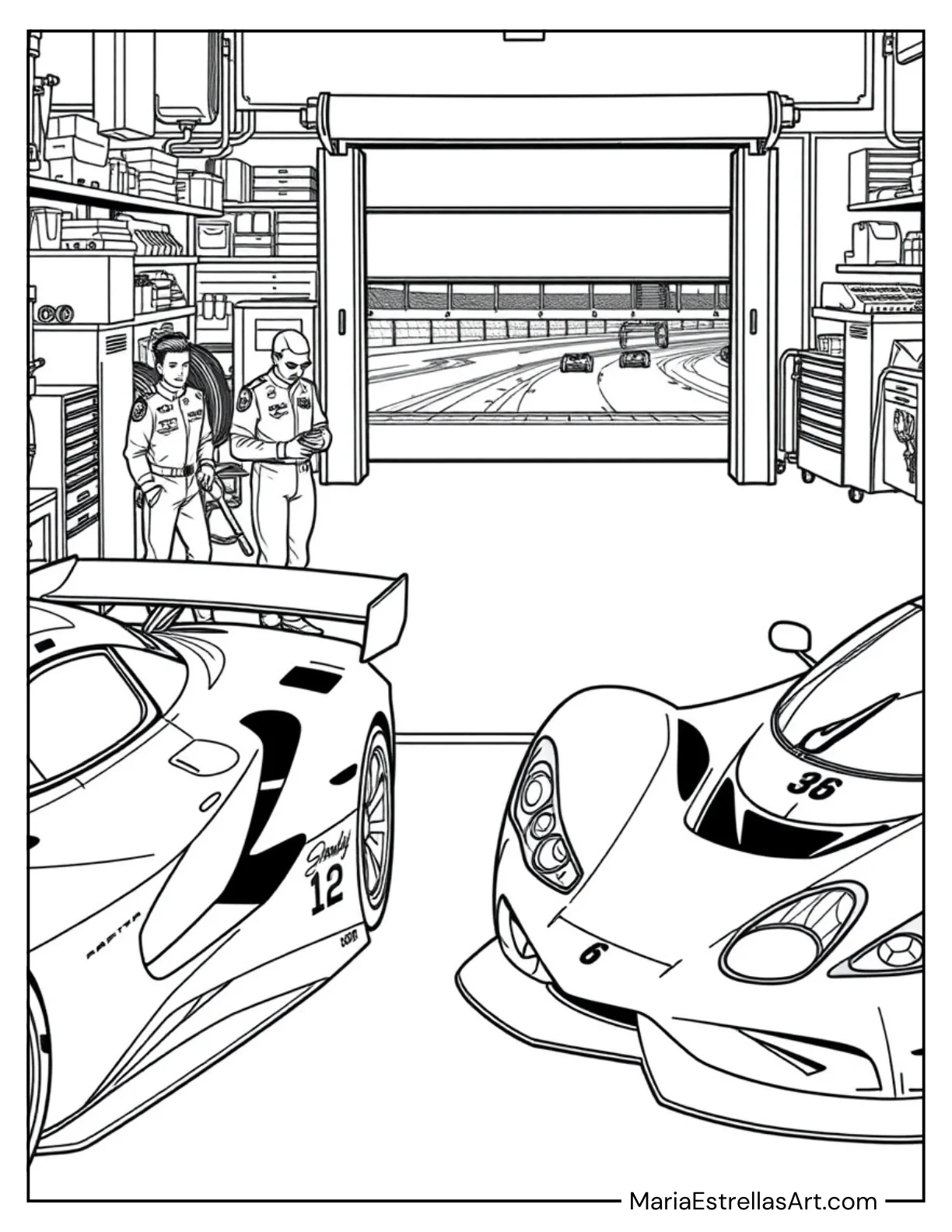 Racing Team with Cars in the Garage Coloring Page