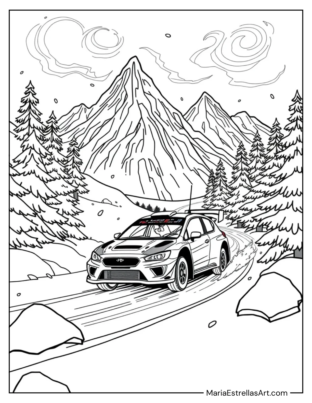 Rally Car Racing Through the Snowy Mountains