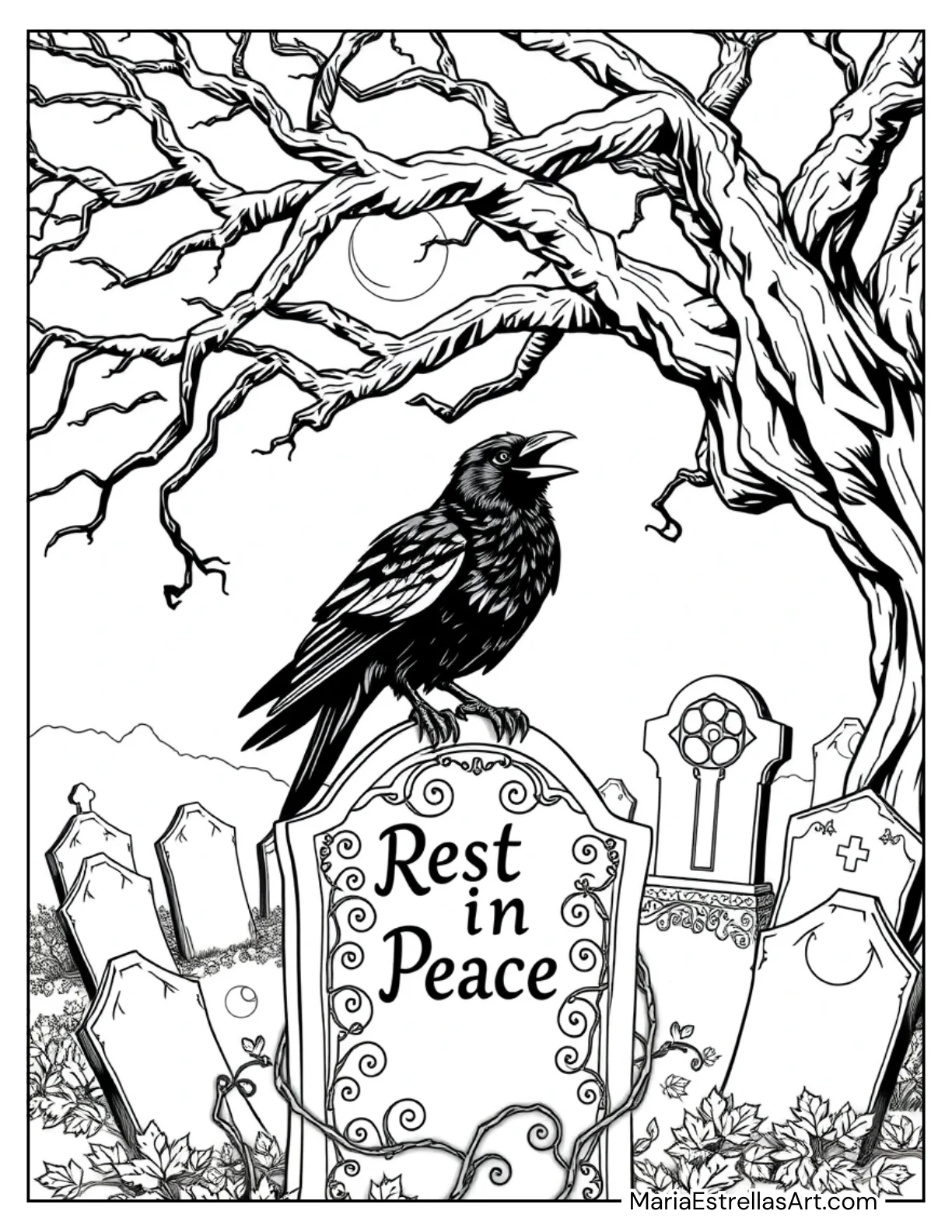 Raven Sitting on a Broken Tombstone