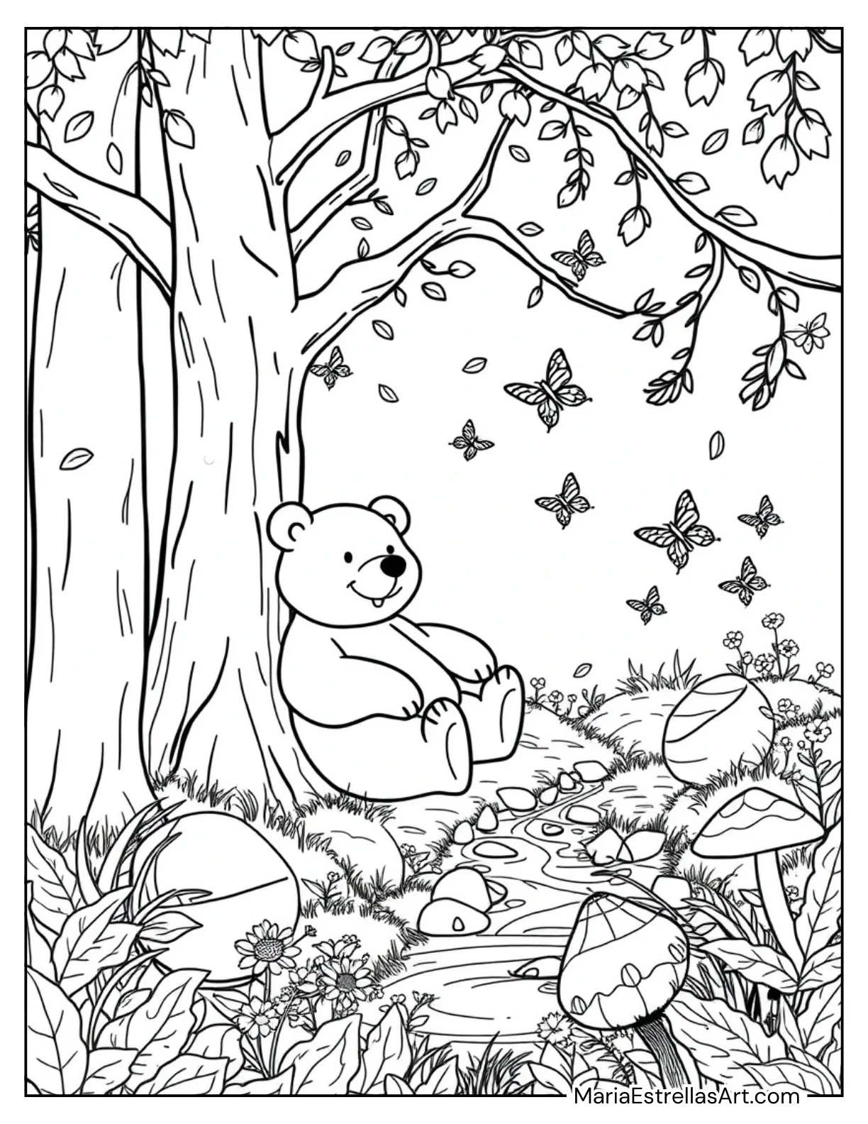 Relaxing Bear in the Forest for Kids to Color