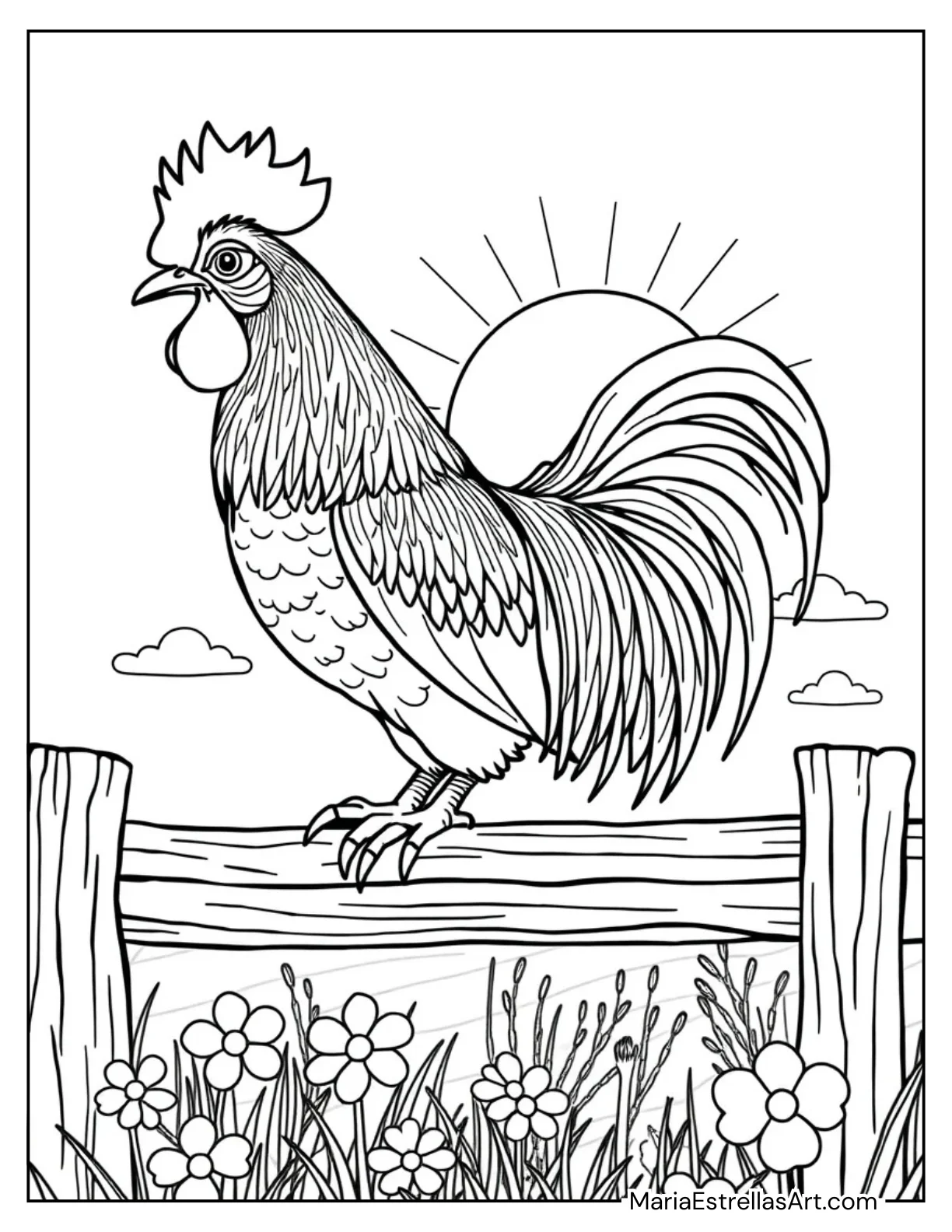 Rooster Crowing on a Fence to Color for Kids