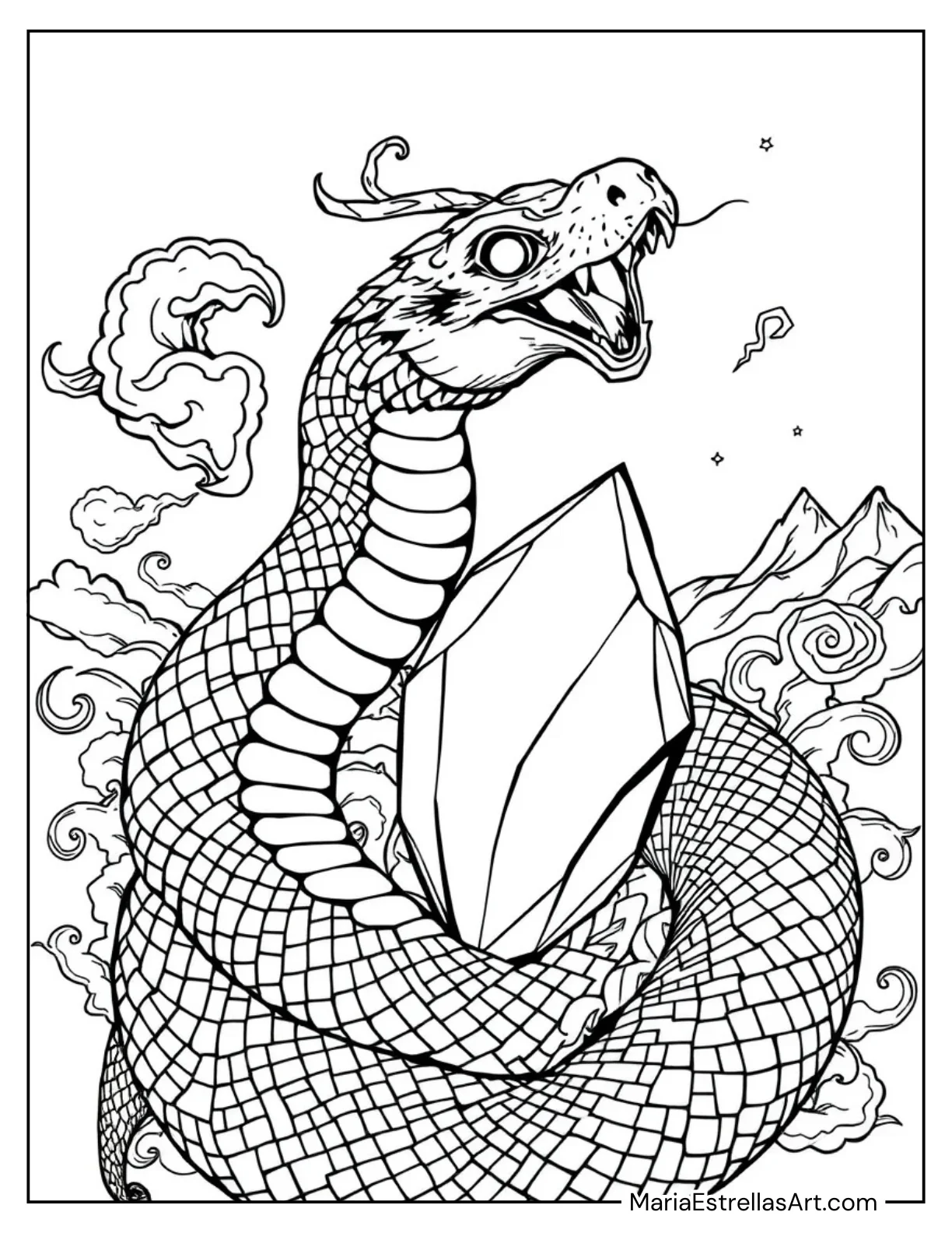 Serpent Coiled Around a Large Crystal Coloring Page