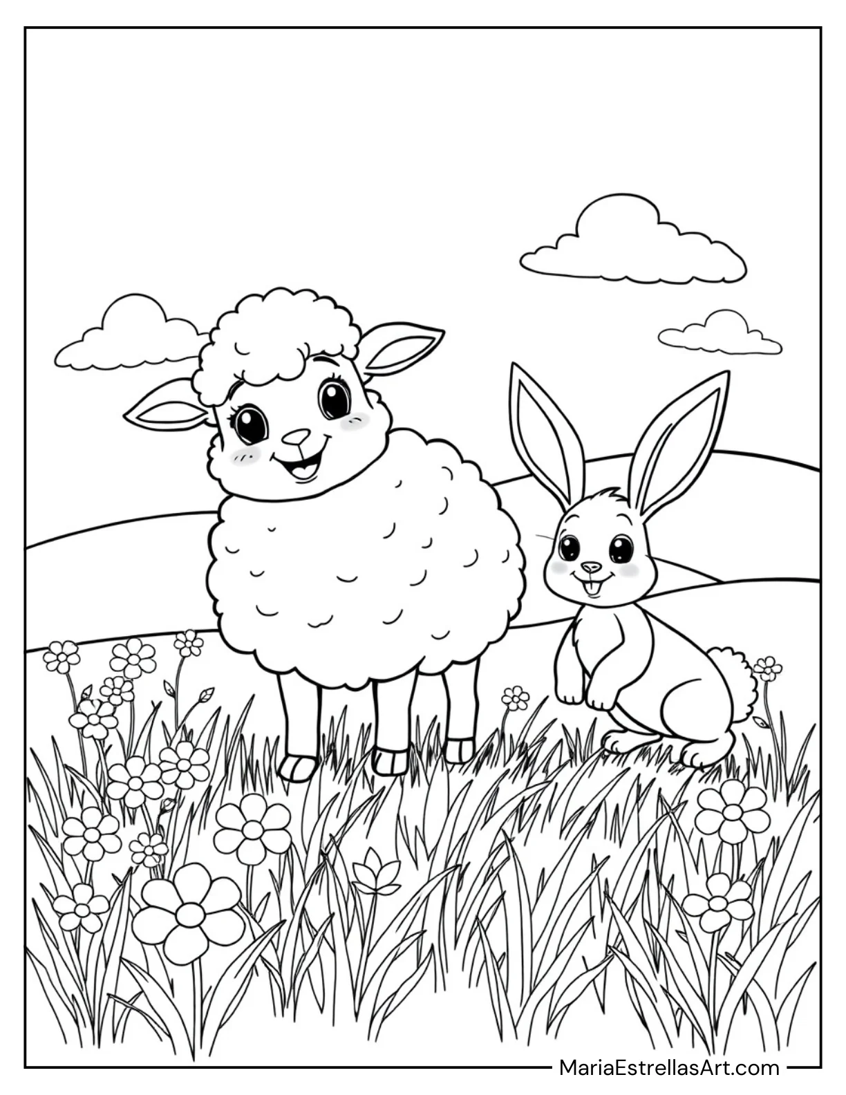 Sheep and Bunny Playing Together Coloring Sheet