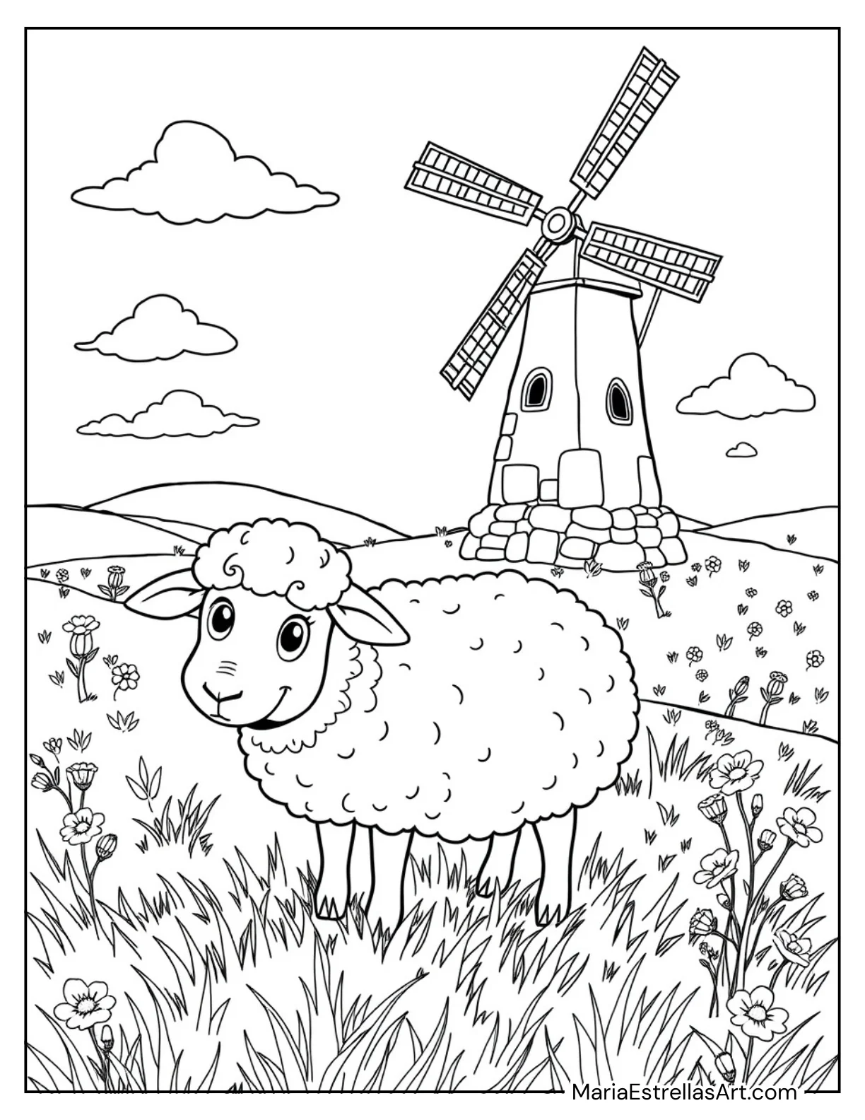 Sheep and a Windmill Scene Coloring Page