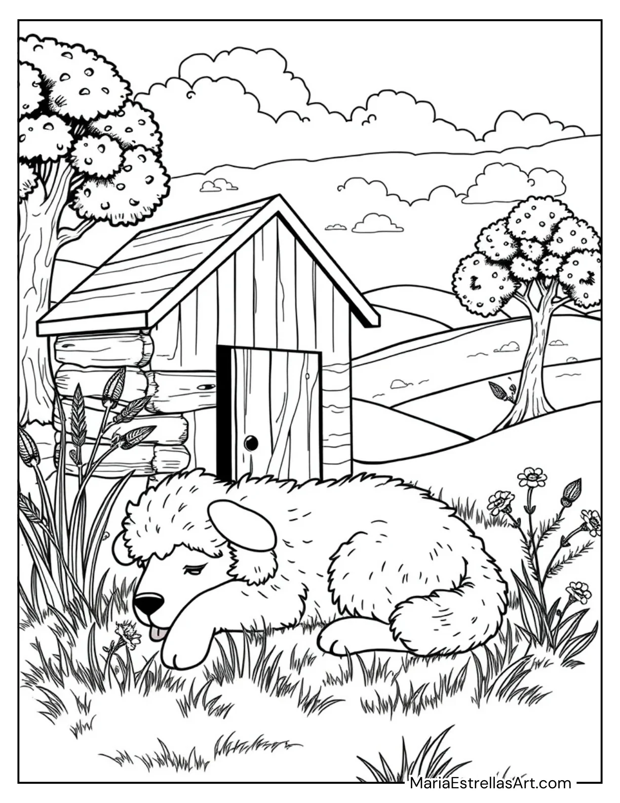 Sheepdog Sleeping Near a Barn Door Coloring Sheet