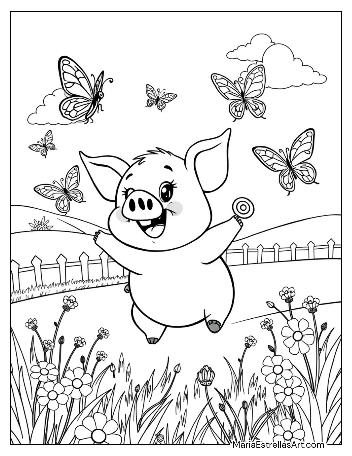 Silly Piglet Playing With Butterflies to Color for Kids