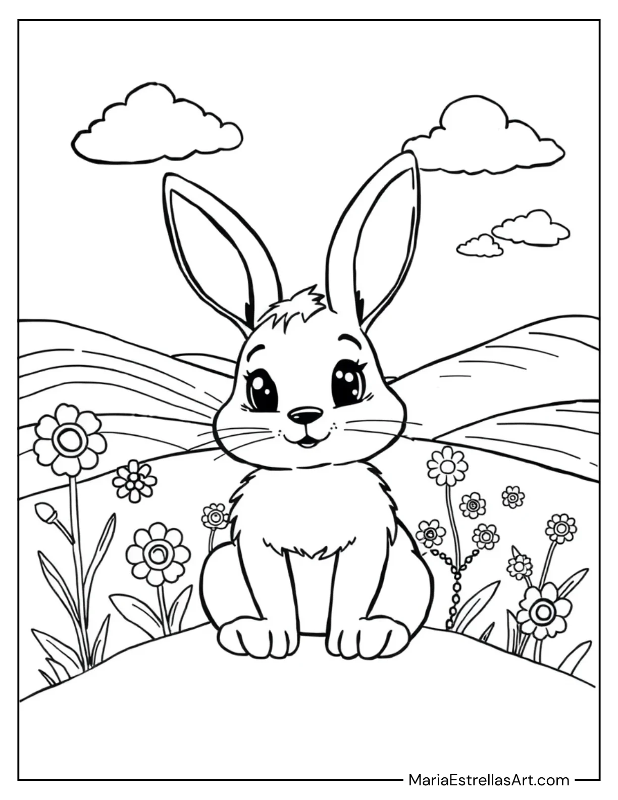 Simple Bunny Sitting on the Grass Coloring Sheet