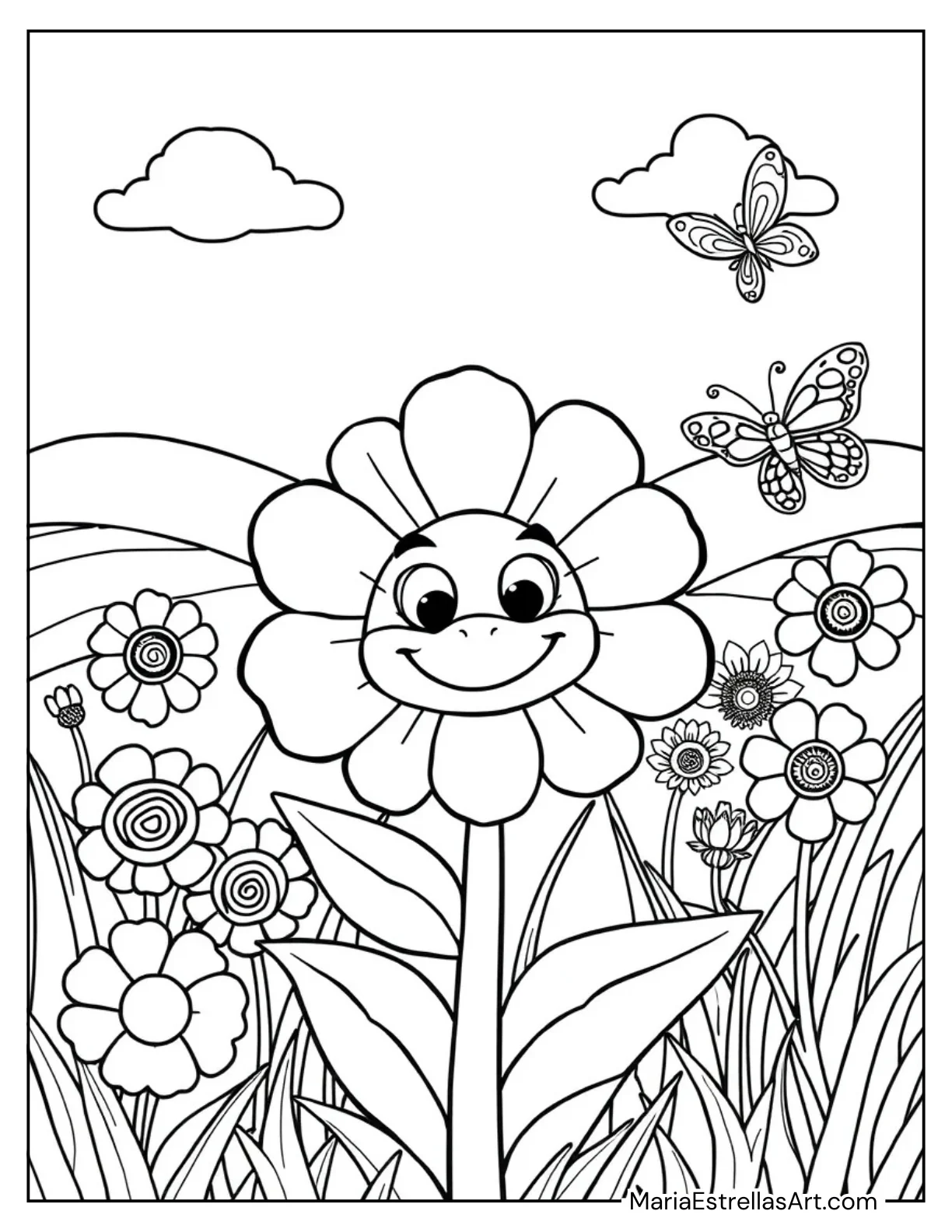 Simple Flower With a Smiley Face Coloring Page