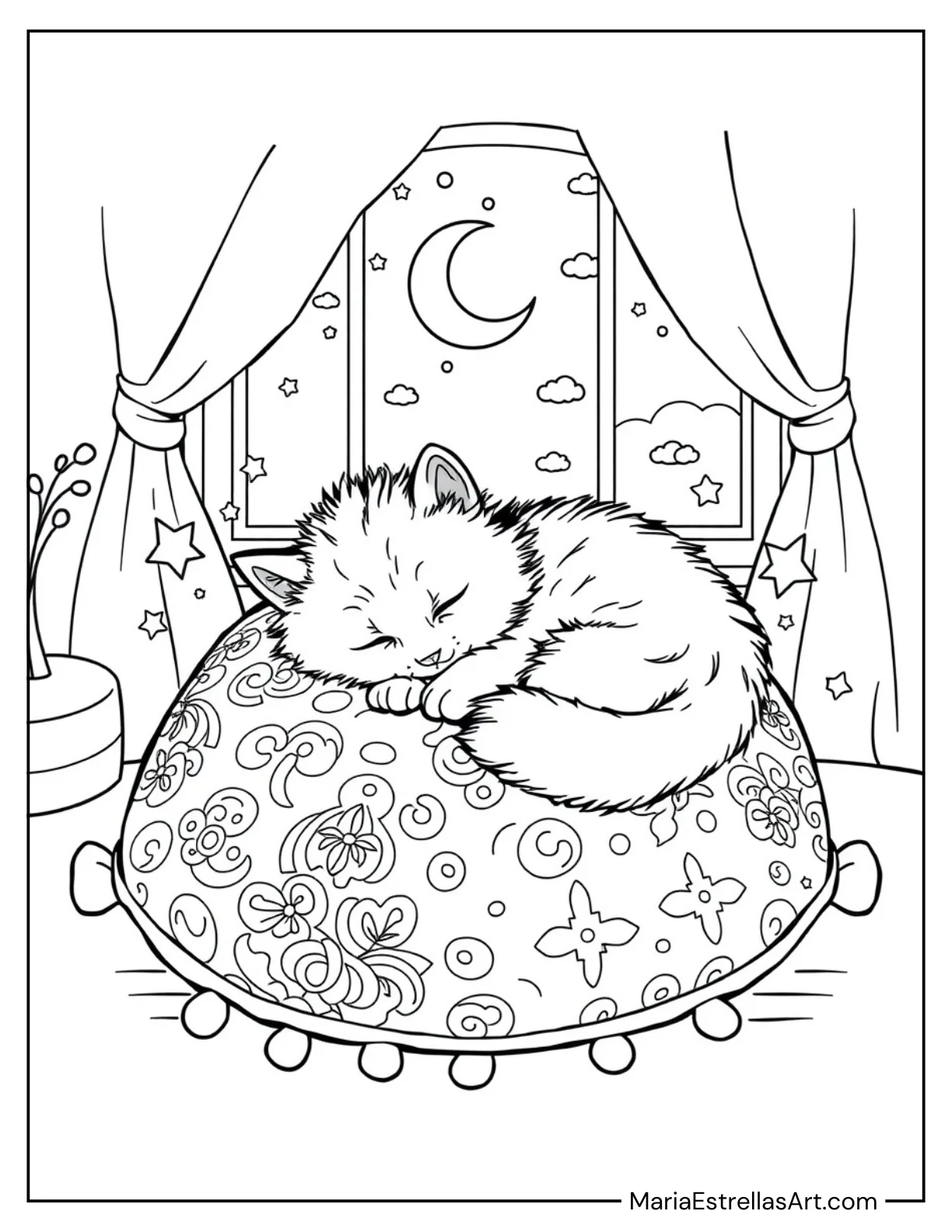 Sleeping Kitten on a Cozy Pillow Coloring Page