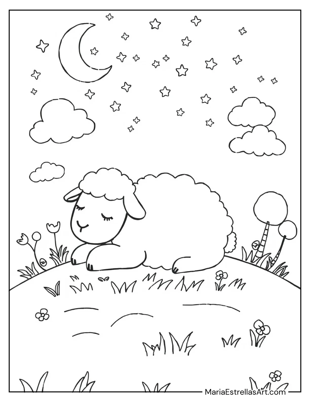 Sleepy Sheep Under a Starry Sky Coloring Page