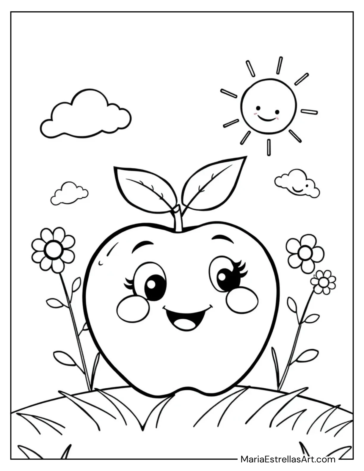 Smiling Apple With a Leaf on Top Coloring Page