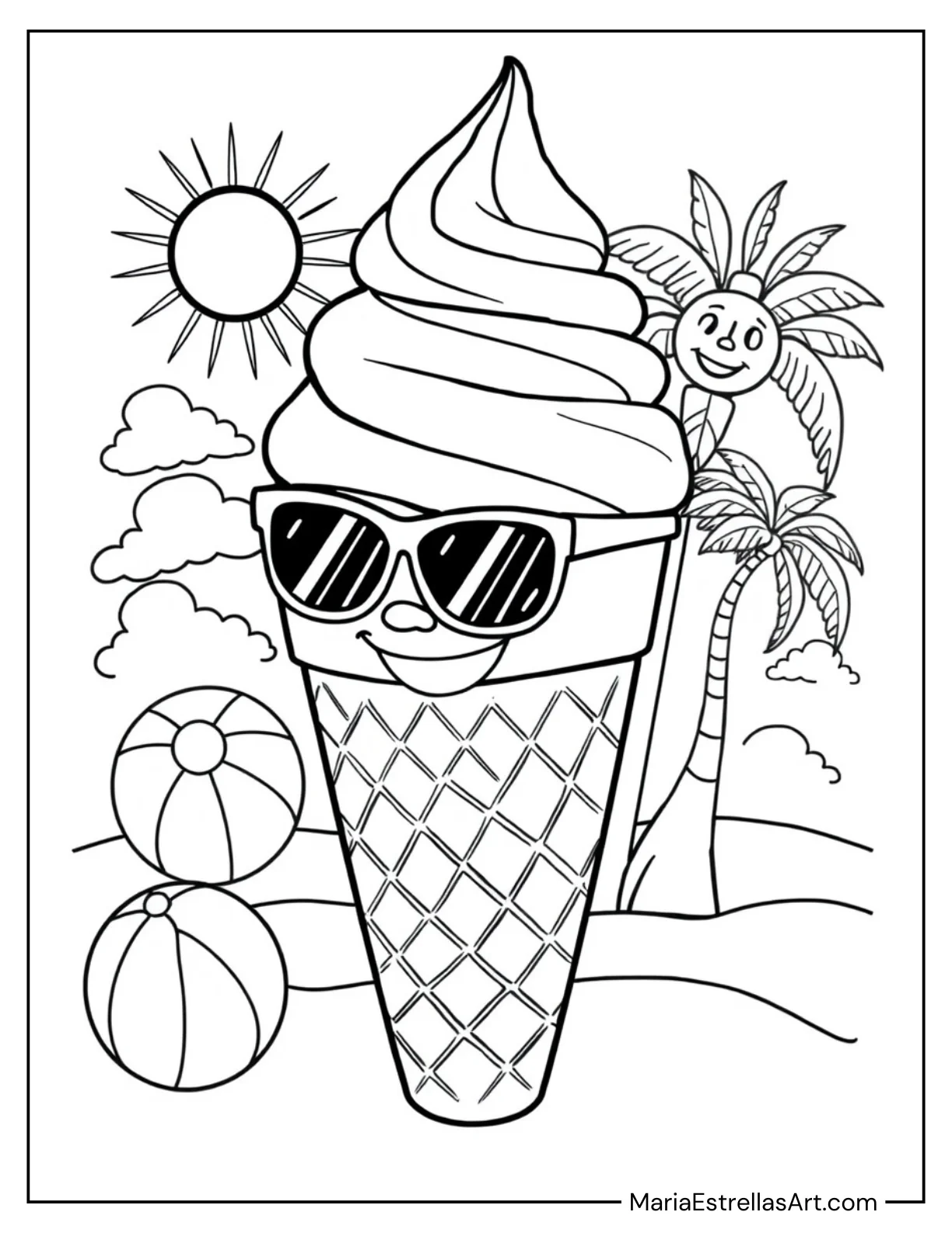 Smiling Ice Cream Cone with Sunglasses Coloring Page