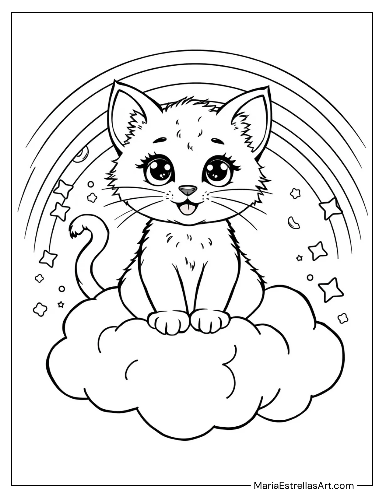 Smiling Kitten on a Cloud with a Rainbow for Kids to Color