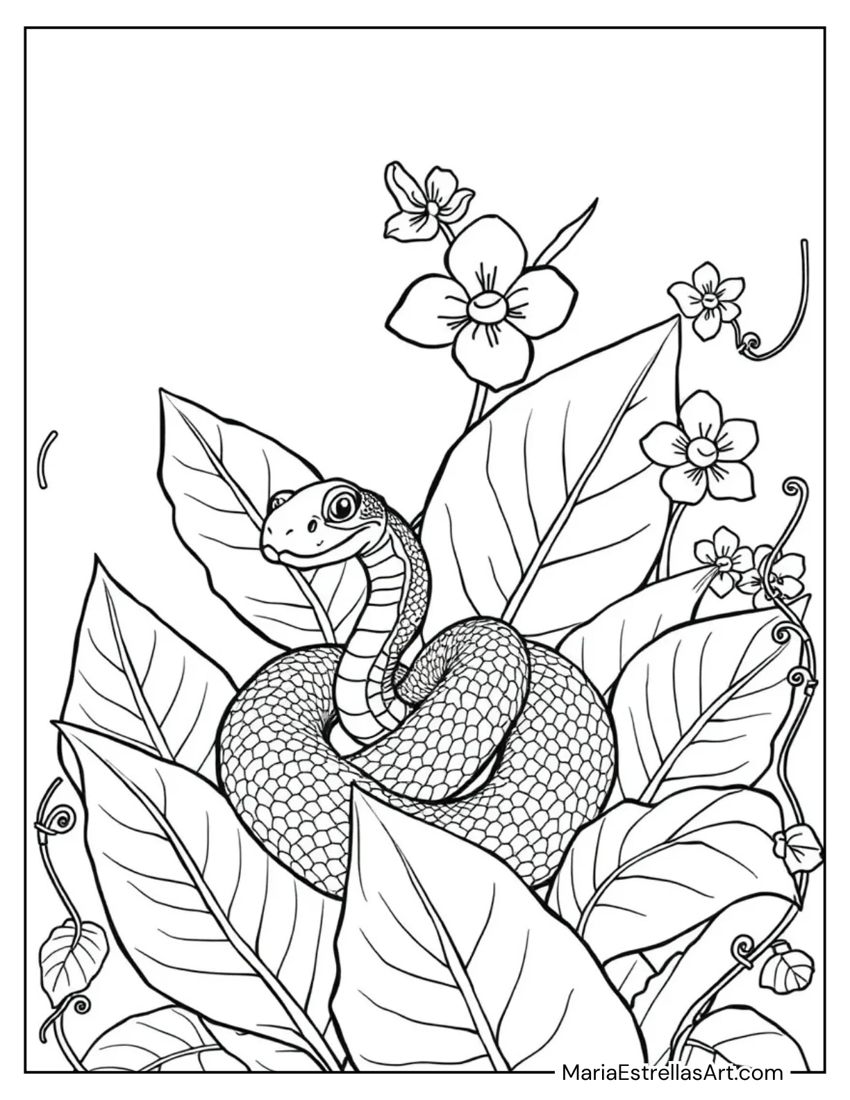 Snake Peeking Through the Leaves to Color for Kids