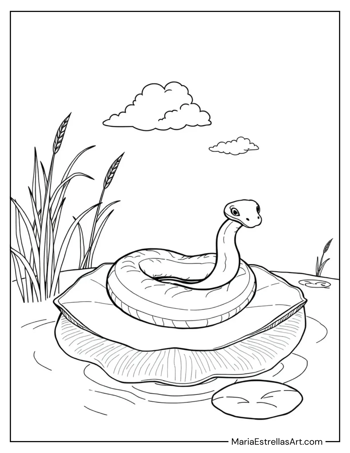 Snake Sleeping on a Floating Lily Pad to Color for Kids