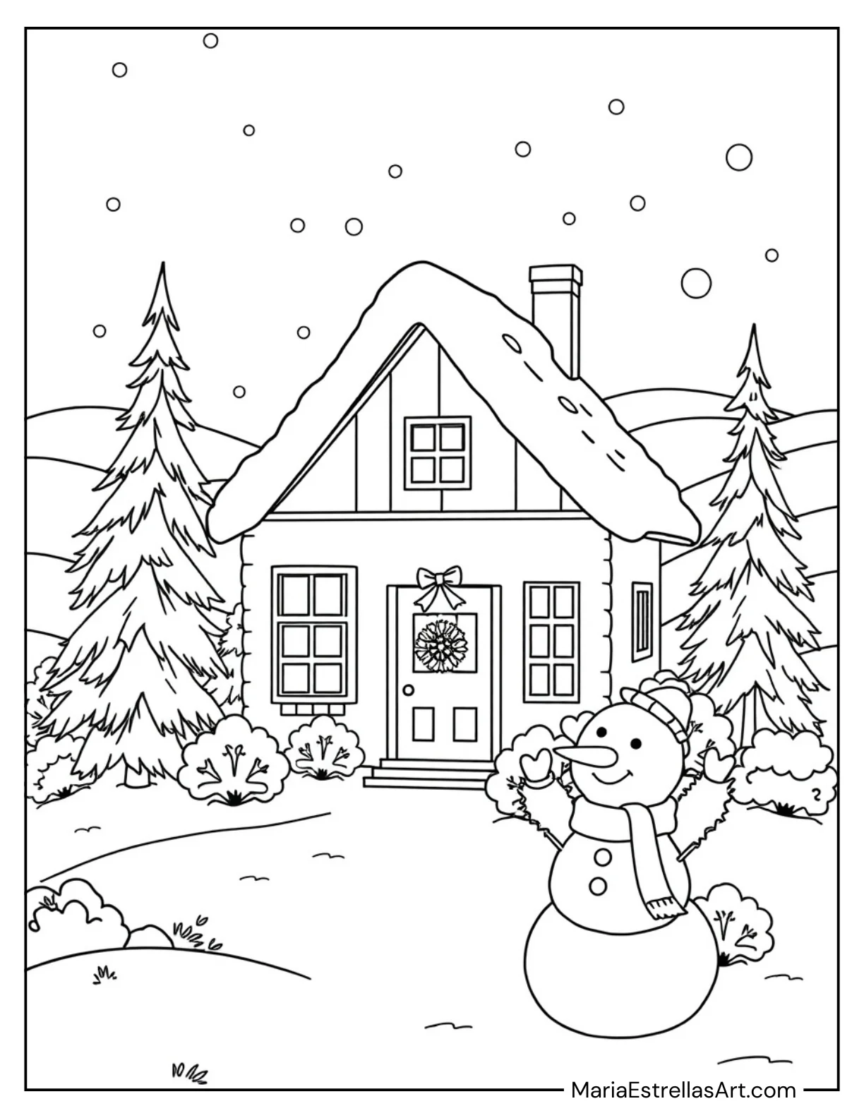 House covered with snow in Winter Coloring Page