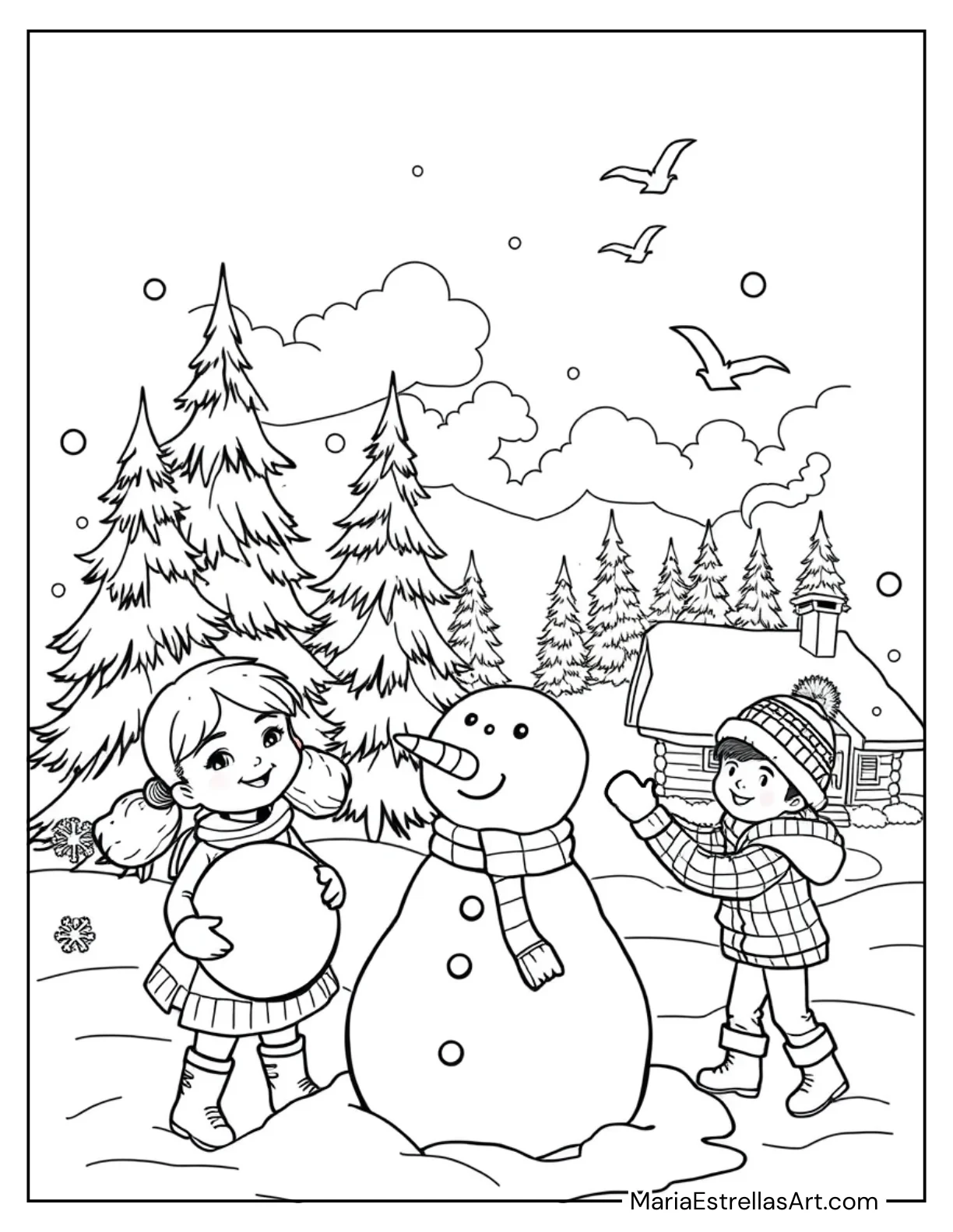 Snowy Outdoor Scene With Friends to Color for Kids