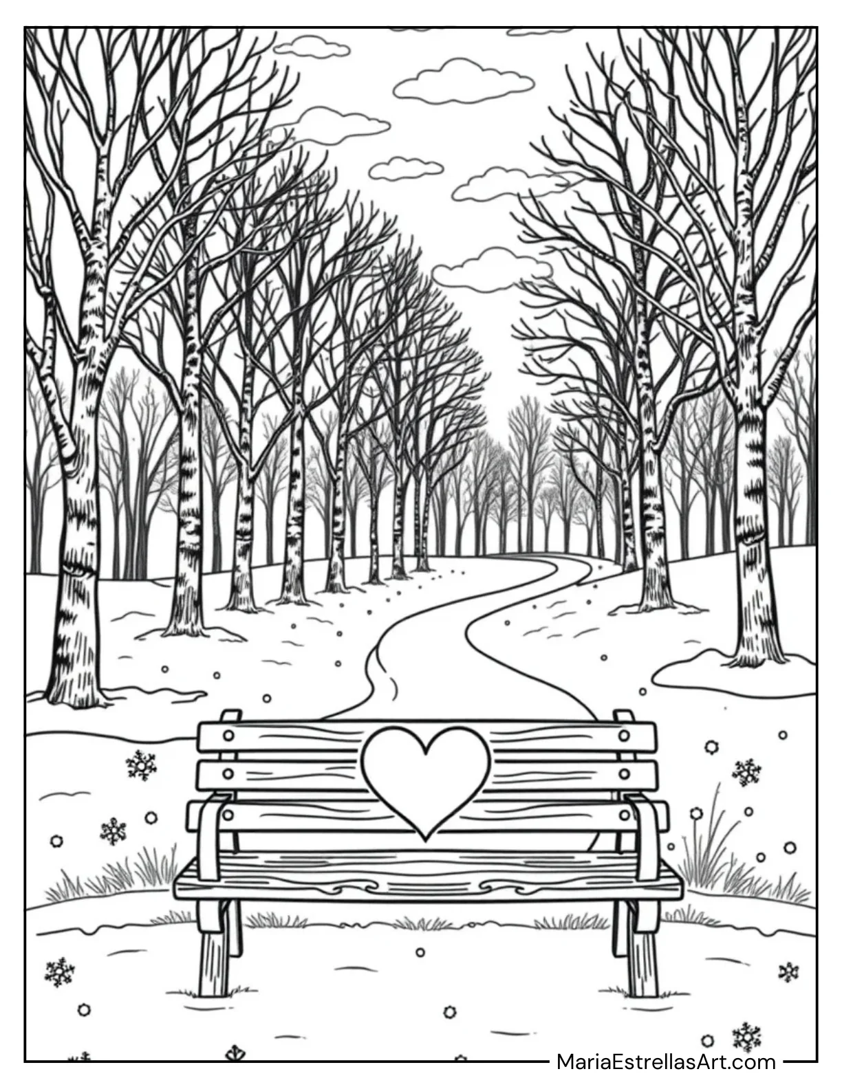 Snowy Park Bench With a Heart Carved Into the Wood