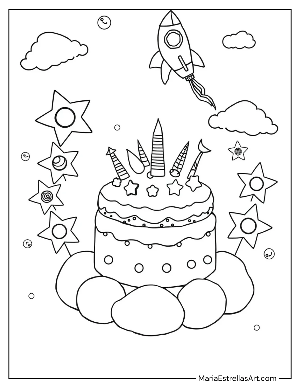 Space Cake with Floating Stars and a Rocket Ship