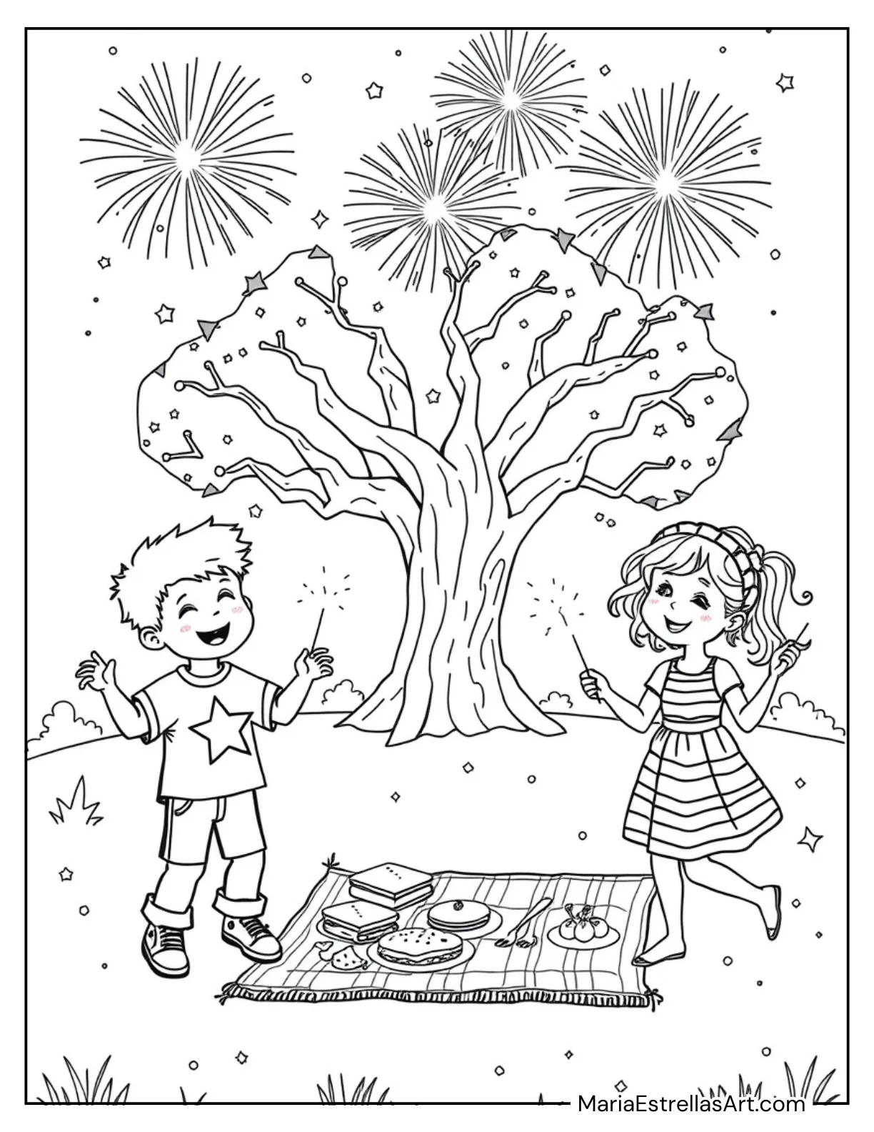 Sparklers and Smiles on Independence Day Coloring Page