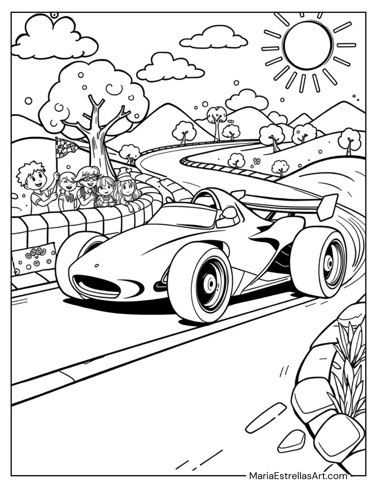 Speedy Race Car on a Curvy Road Coloring Page