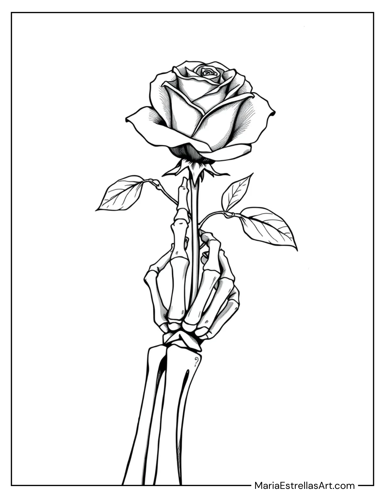 Spooky Skeleton Hand Holding a Rose Coloring Sheet