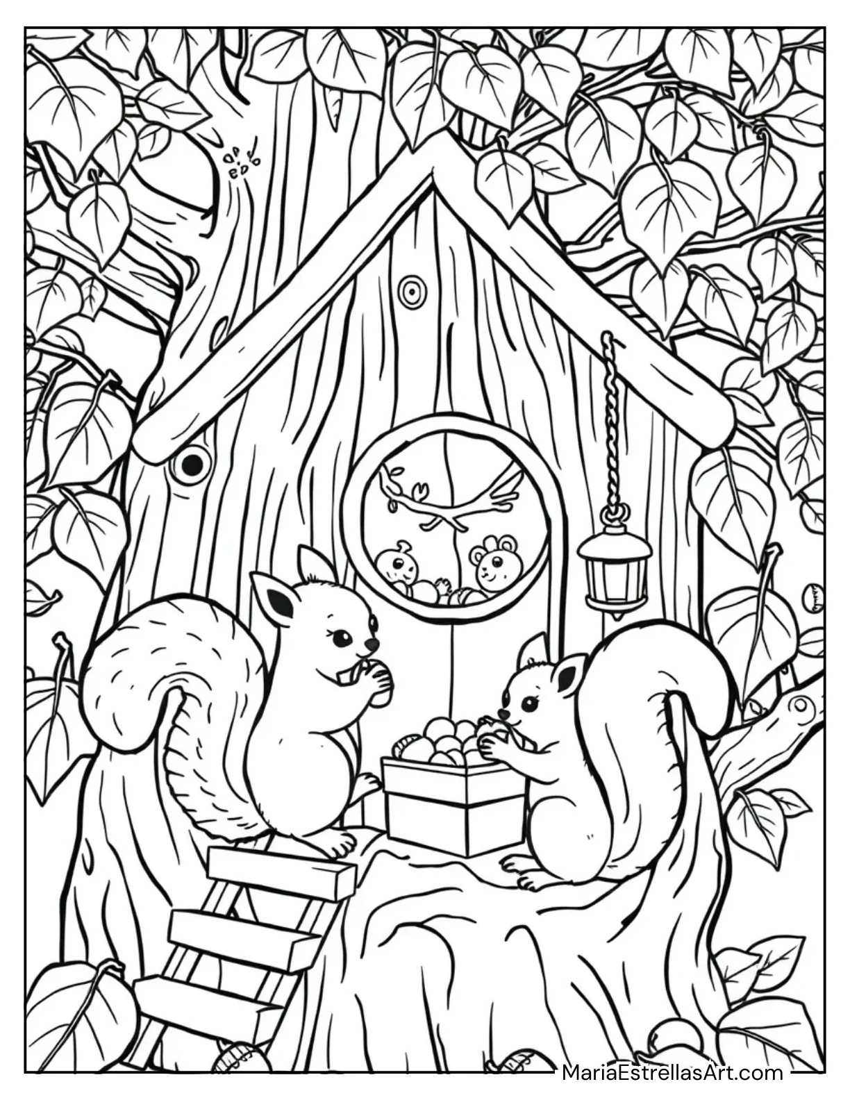 Squirrels Storing Nuts in Their Cozy Treehouse