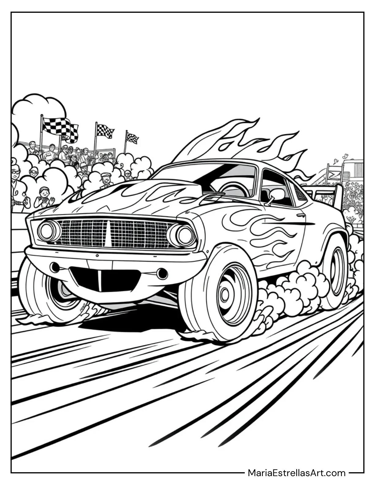 Supercharged Race Car with Flames on the Hood Coloring Sheet