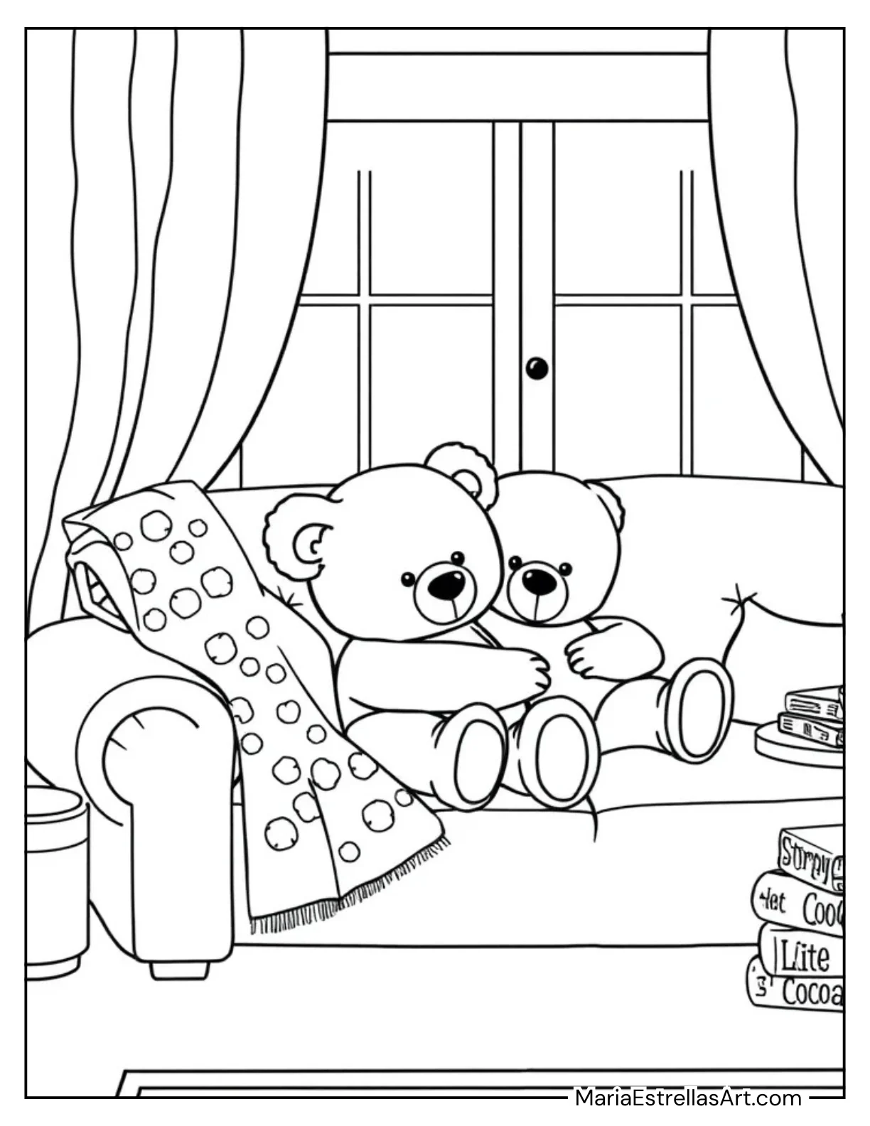 Teddy Bears Snuggling on a Comfy Couch Coloring Page