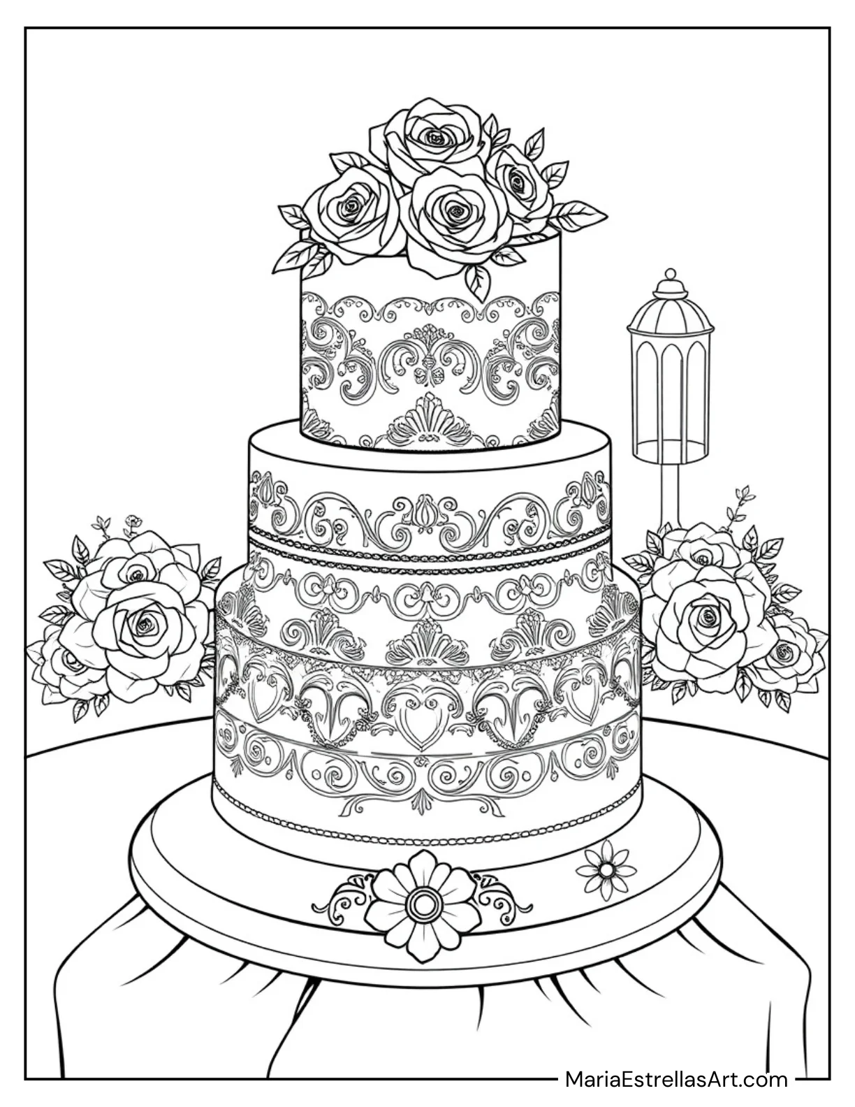 Tiered Wedding Cake with Roses Coloring Sheet