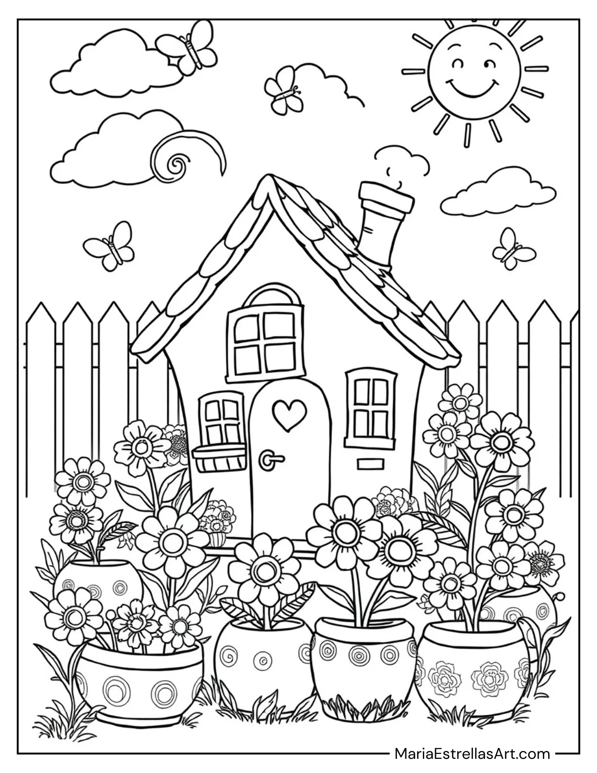 Tiny House with Flower Pots Coloring Sheet