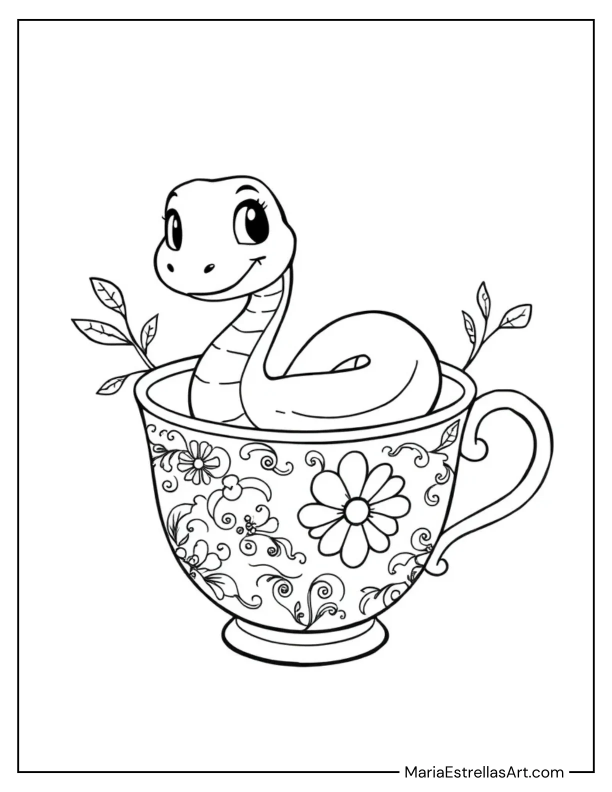 Tiny Snake Curled Up Inside a Tea Cup Coloring Page