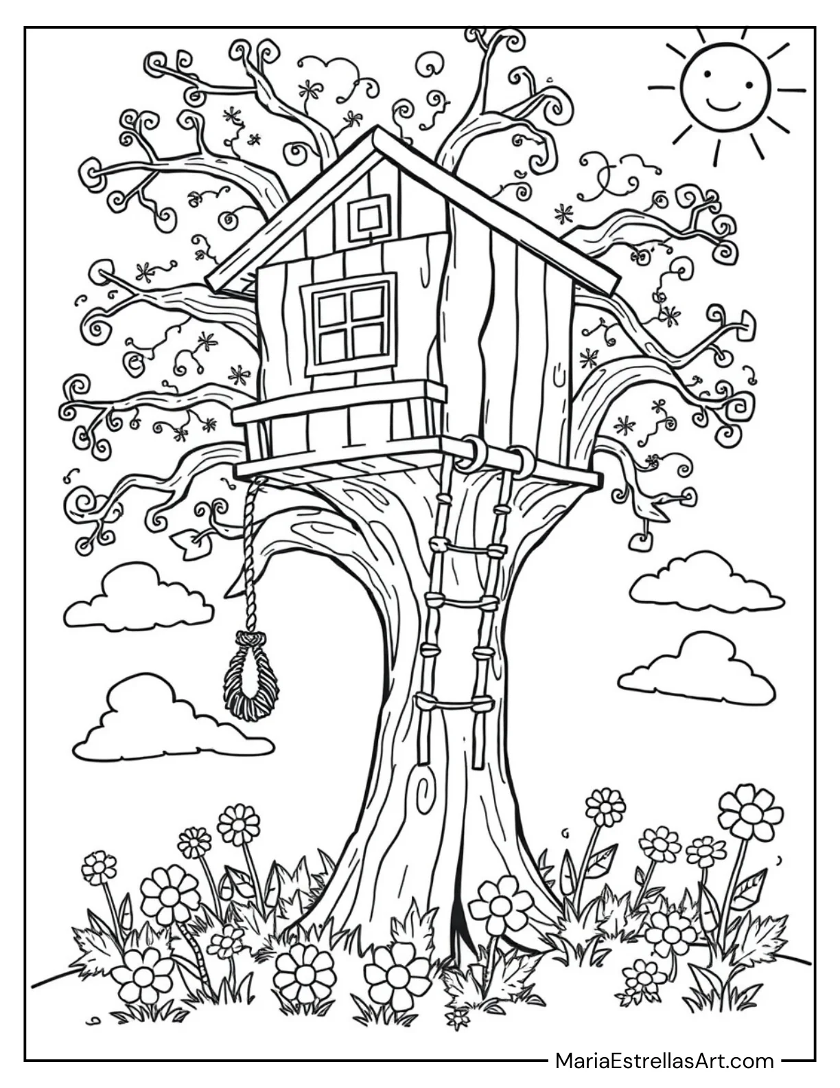 Treehouse with a Rope Ladder for Kids to Color