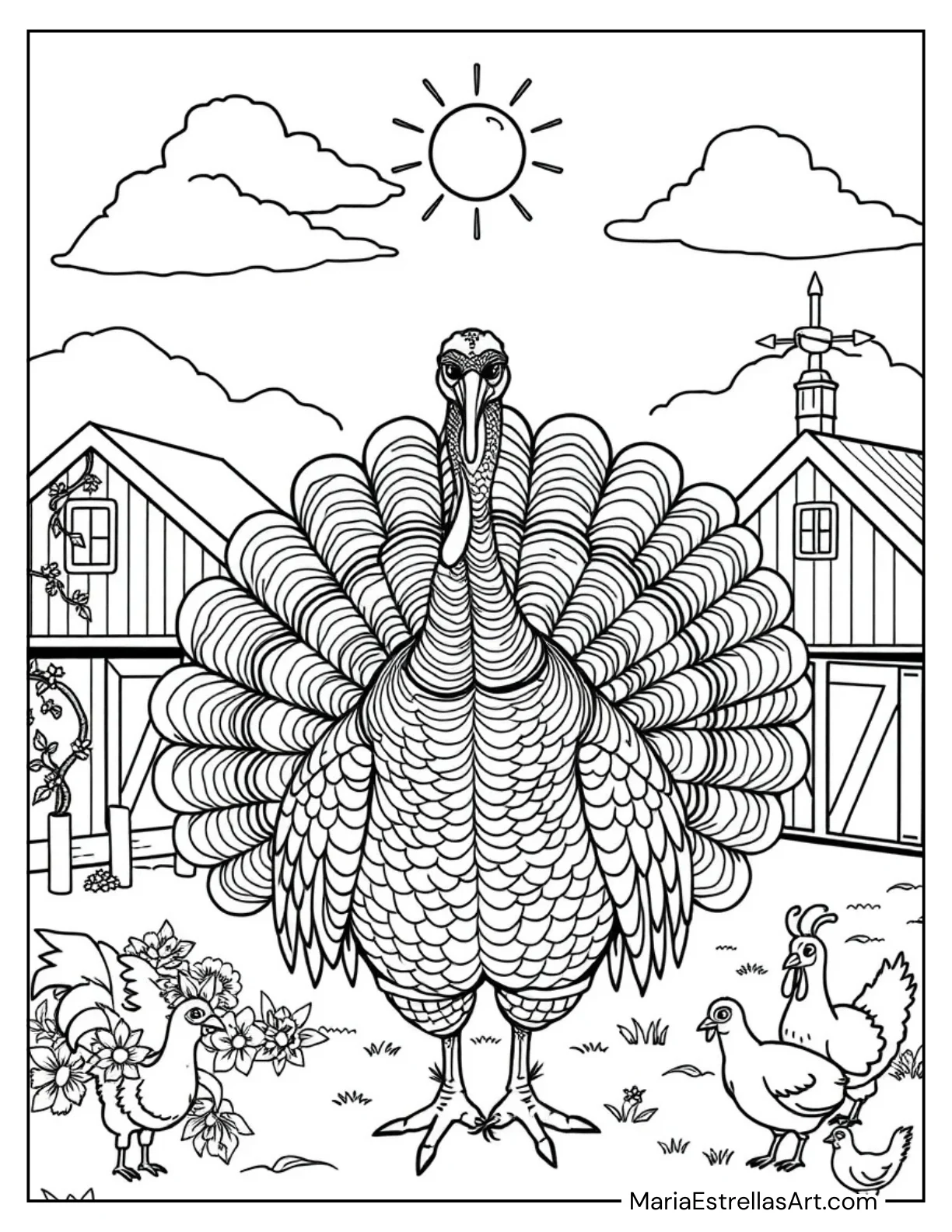 Turkey Spreading Its Feathers on the Farm Coloring Page