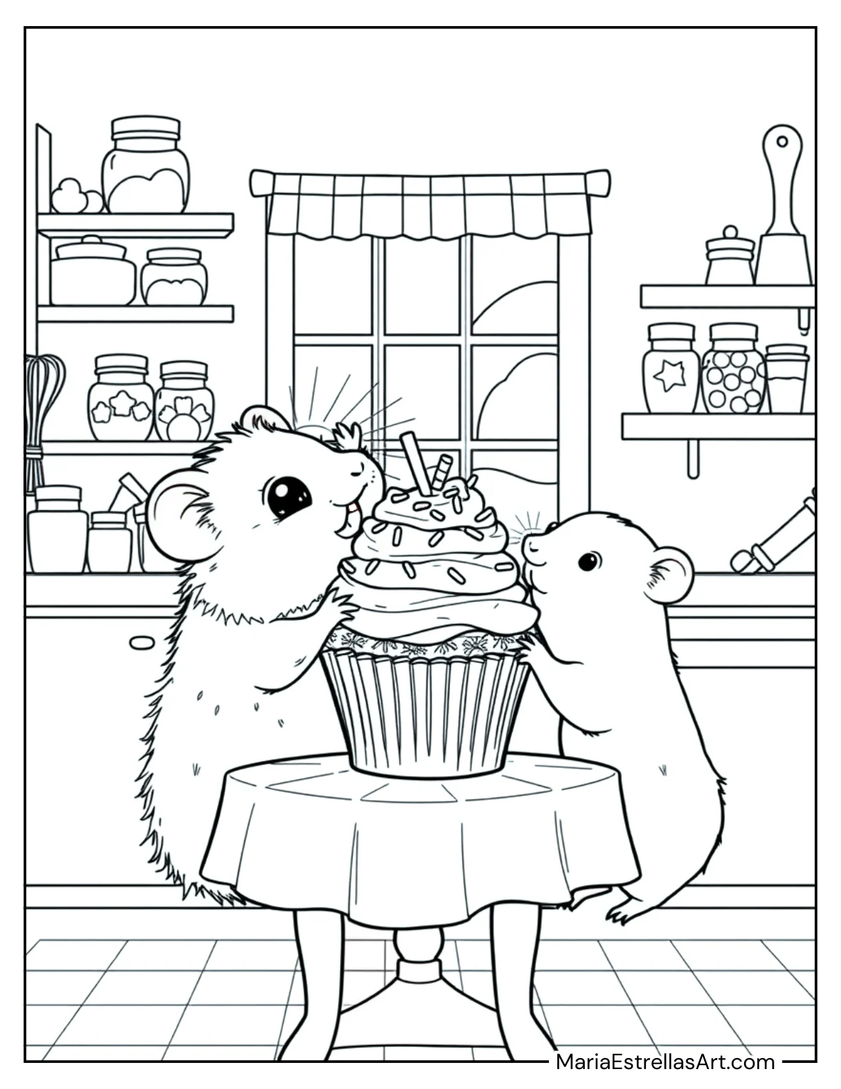 Two Hamsters Sharing a Cupcake to Color for Kids