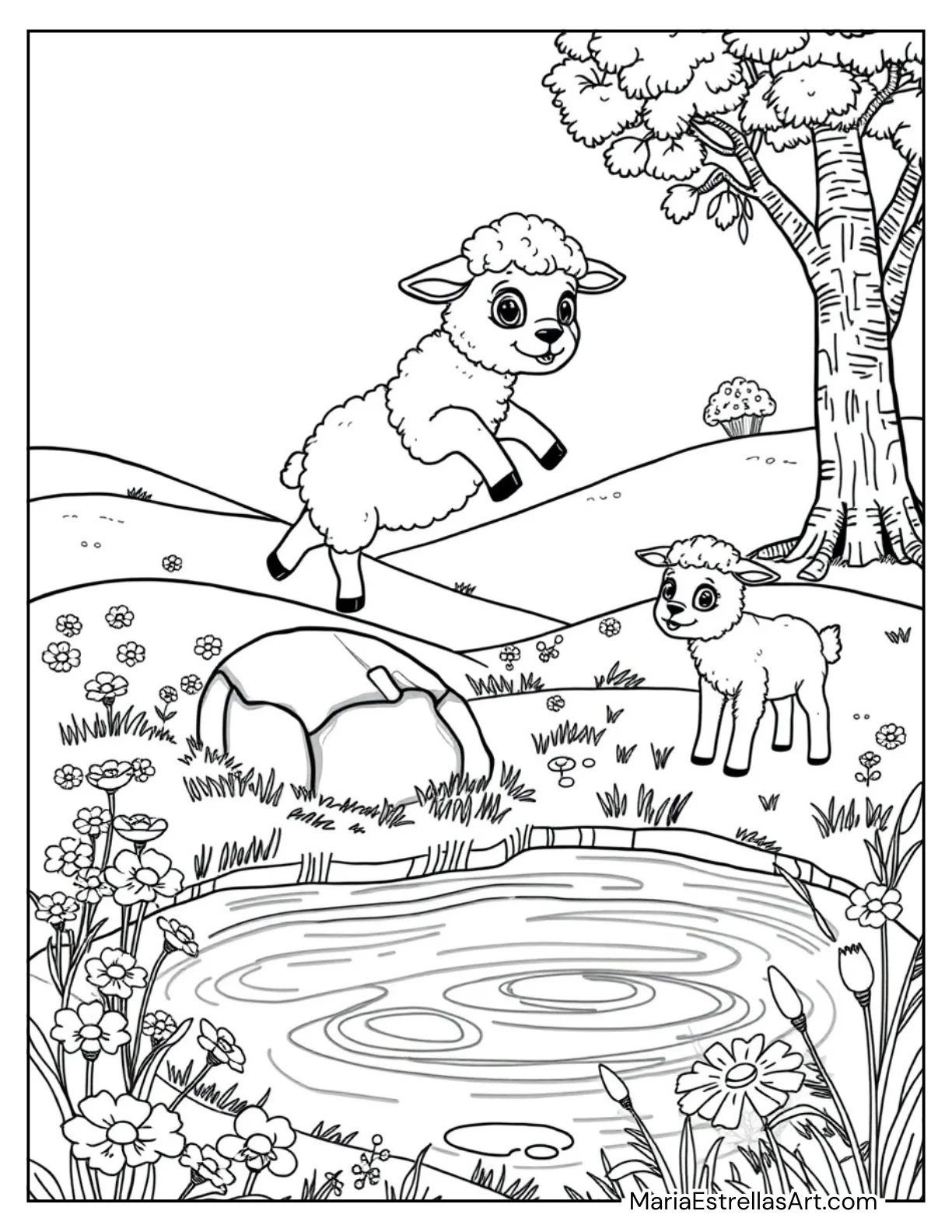 Two Lambs Playing Near a Pond