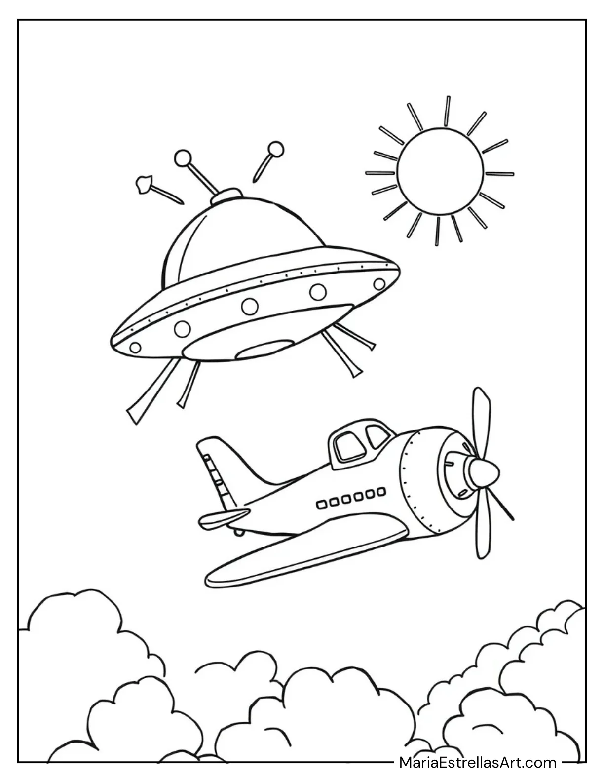 UFO Flying Next to an Airplane to Color for Kids