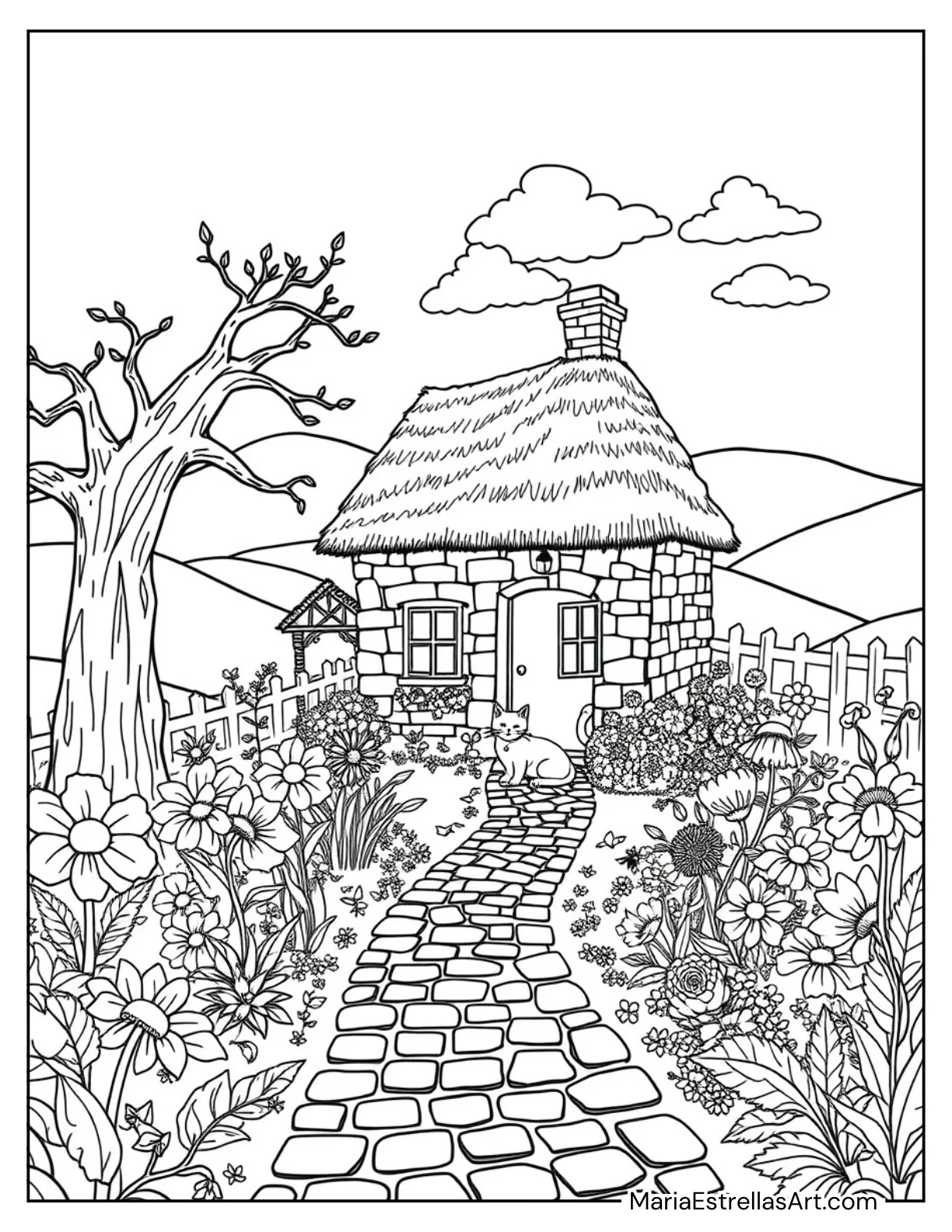 Village House with Stone Walls for Kids to Color