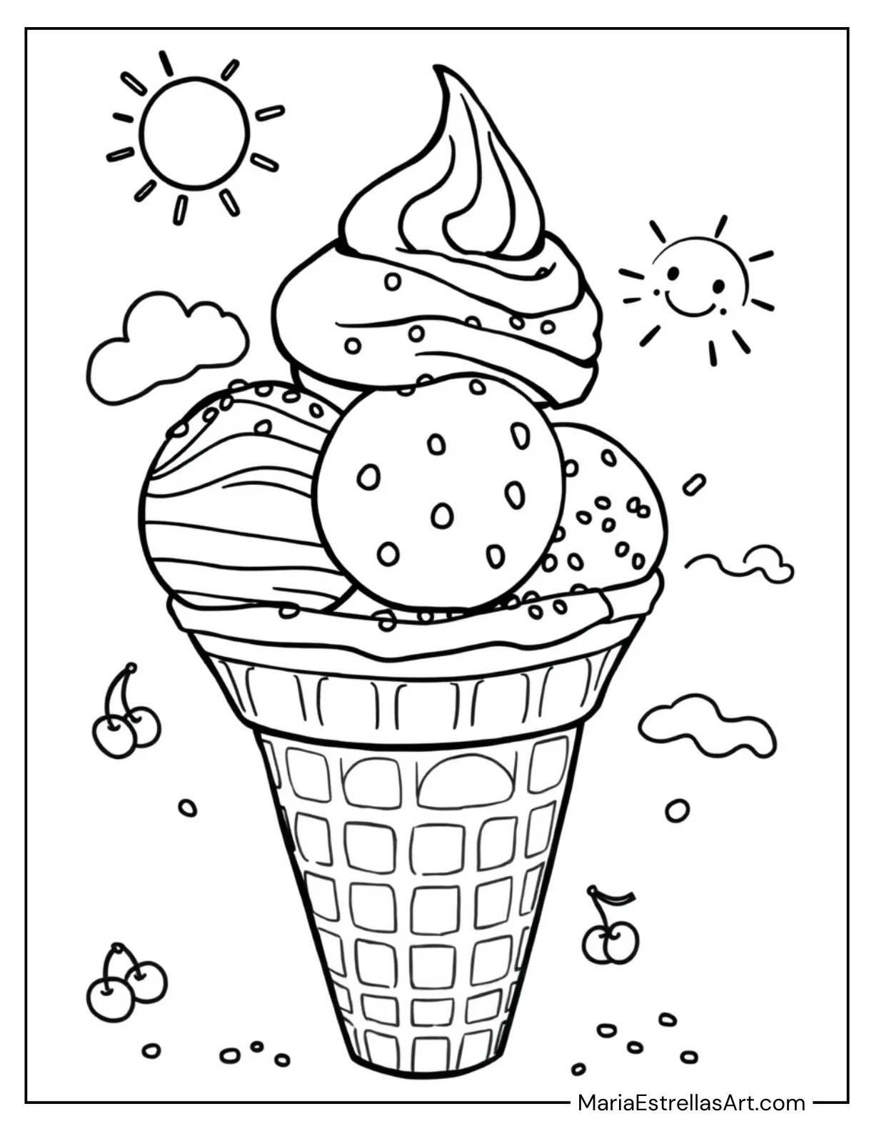 Waffle Cone Ice Cream with Whipped Cream Coloring Sheet