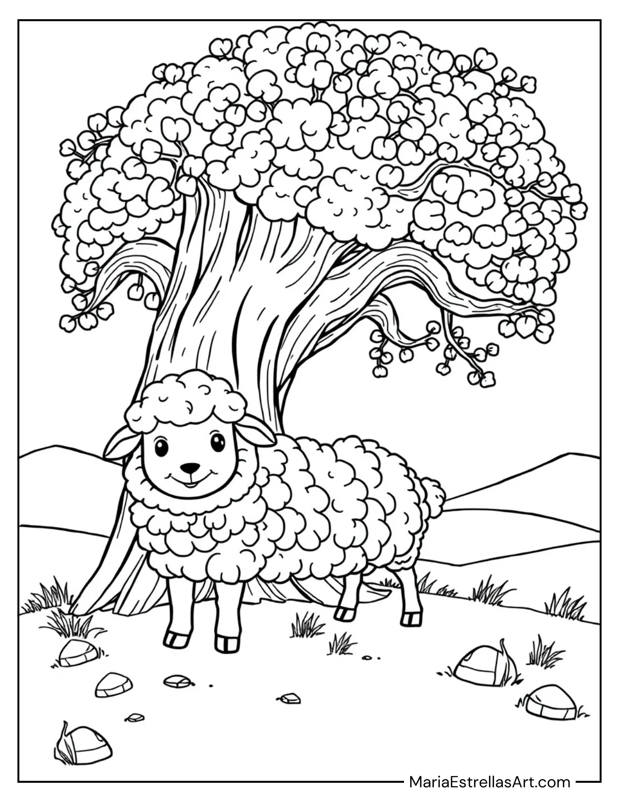 Woolly Sheep Next to a Tree Coloring Page