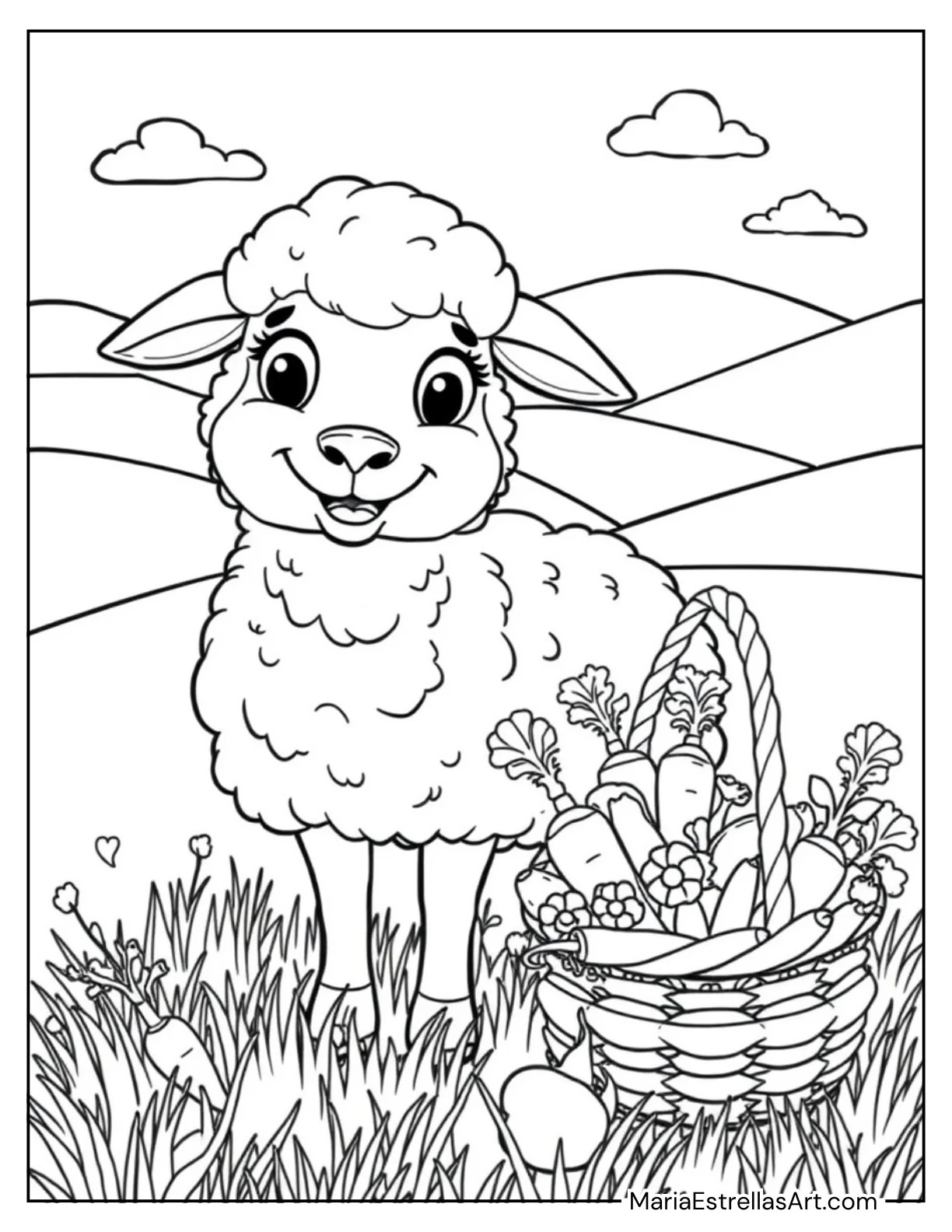 Woolly Sheep with a Basket of Veggies