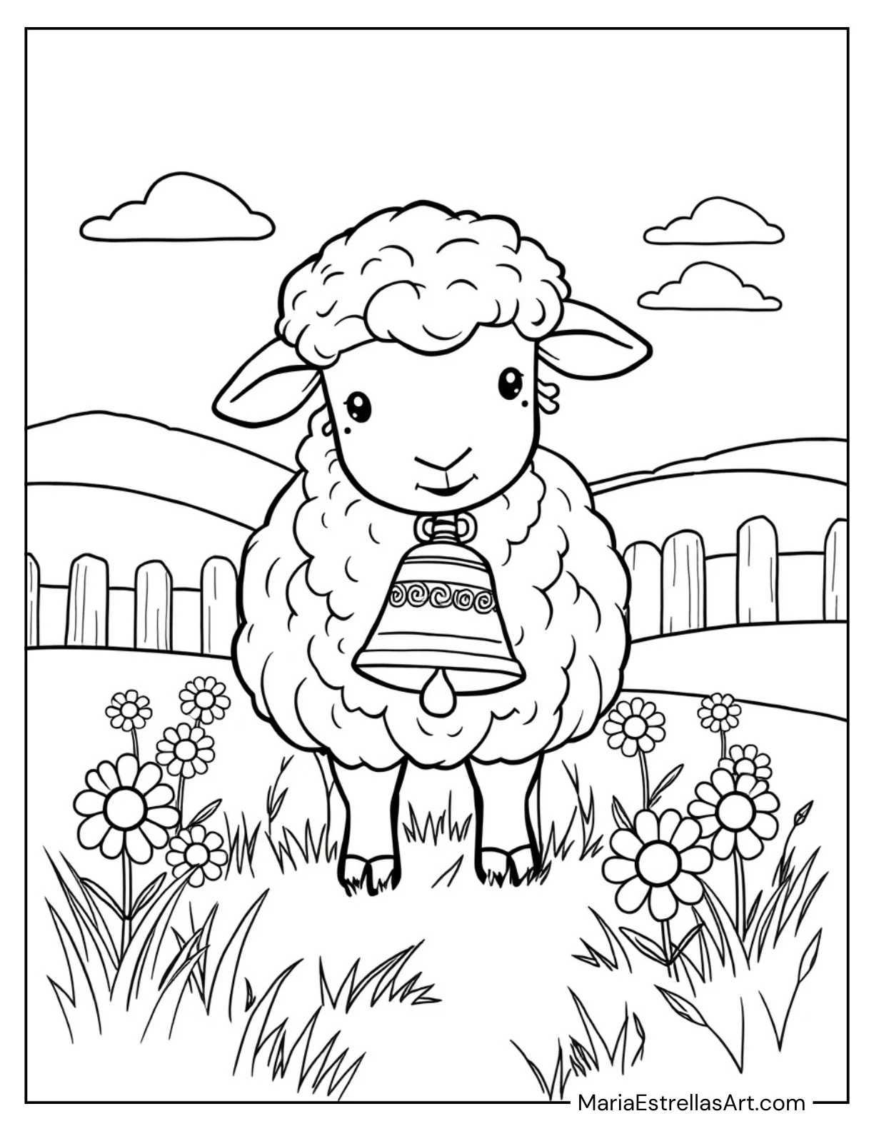 Woolly Sheep with a Big Bell for Kids to Color